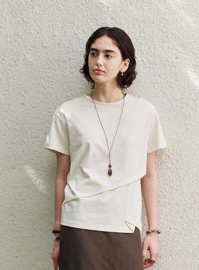 NON RESTRAIN设计感不规则捏褶圆领上衣女休闲简约宽松短袖T恤衫