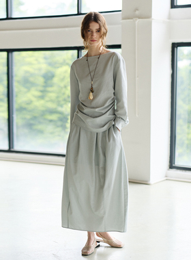 NON RESTRAIN法式压褶收腰长袖衬衫上衣女宽松显瘦亚麻半身裙套装