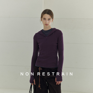 拉链帽衫 显瘦短款 RESTRAIN休闲高弹力加绒连帽卫衣外套女修身 NON