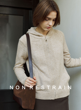 NON RESTRAIN高级感修身羊毛针织开衫女休闲拉链短款连帽毛衣外套