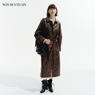 NON 风衣女拼色复古仿油蜡皮大衣外套 RESTRAIN高智感宽松系带长款