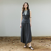 背心上衣女显瘦褶皱伞裙半身裙套装 NON RESTRAIN撞色抽绳收腰无袖