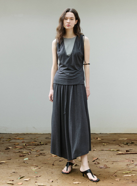 NON RESTRAIN撞色抽绳收腰无袖背心上衣女显瘦褶皱伞裙半身裙套装
