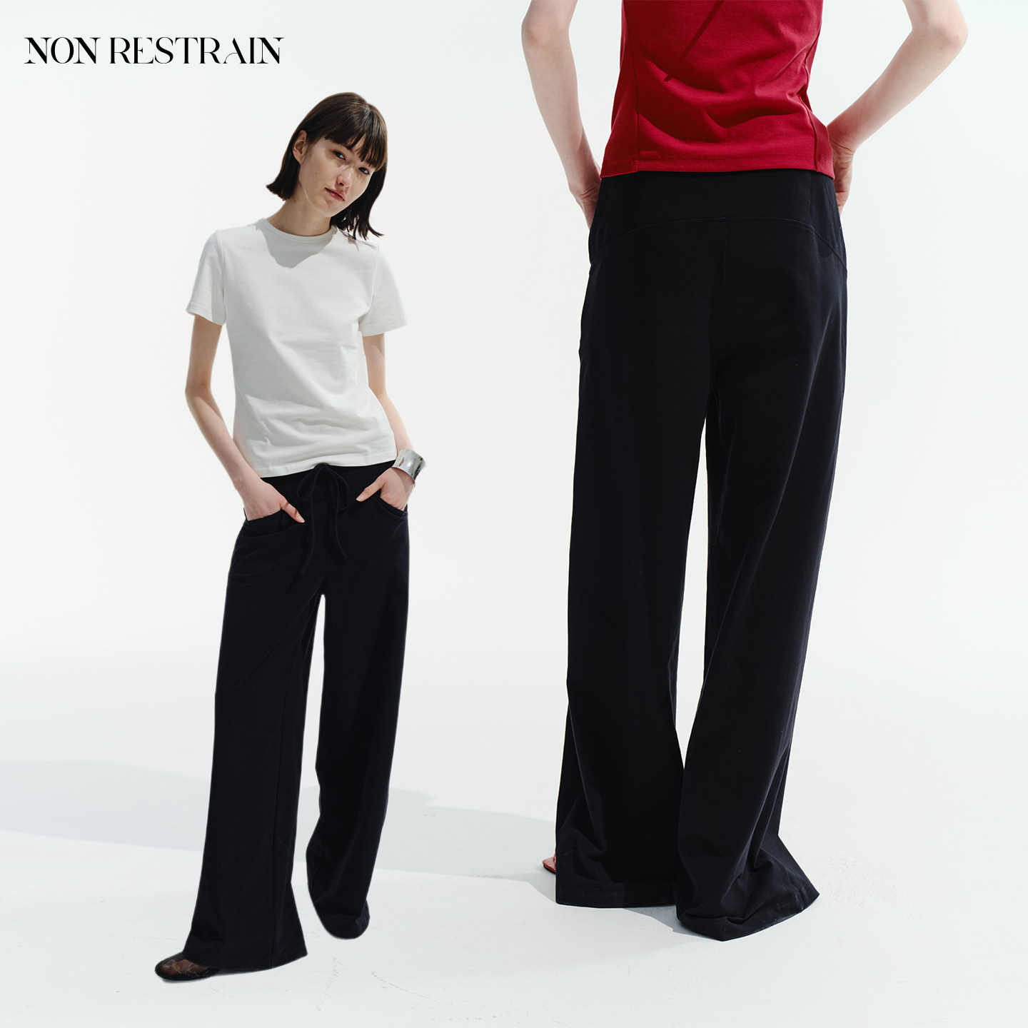 NON RESTRAIN黑色简约垂感直筒休闲长裤女松弛感显瘦抽绳阔腿卫裤