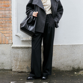 NON 女垂感显瘦高腰休闲直筒裤 RESTRAIN高级感斜纹倒褶黑色西装 裤