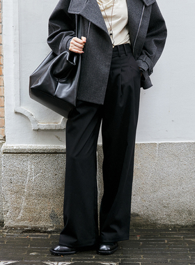 NON RESTRAIN高级感斜纹倒褶黑色西装裤女垂感显瘦高腰休闲直筒裤