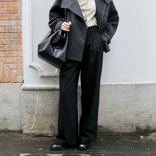 女垂感显瘦高腰休闲直筒裤 裤 RESTRAIN高级感斜纹倒褶黑色西装 NON