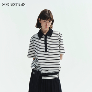 女慵懒宽松翻领短袖 复古黑白条纹POLO衫 T恤上衣 RESTRAIN经典 NON