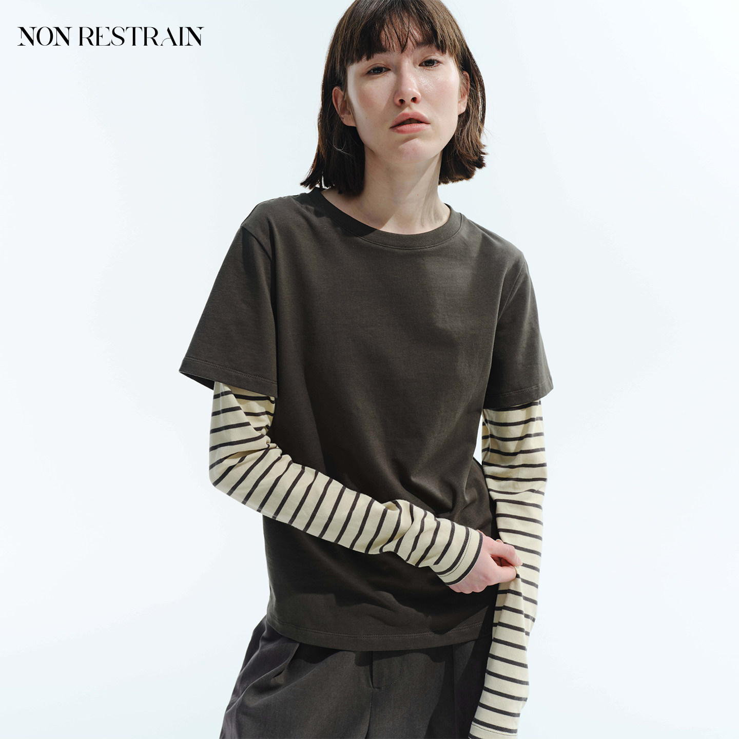 NON RESTRAIN假两件撞色条纹拼接长袖T恤女设计感休闲打底衫上衣