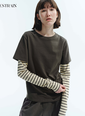 NON RESTRAIN假两件撞色条纹拼接长袖T恤女设计感休闲打底衫上衣