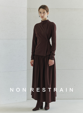 NON RESTRAIN法式立领系扣长袖针织衫上衣女松紧腰抽褶半身裙套装