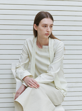 NON RESTRAIN设计感飘带领斜门襟长袖衬衫女亚麻褶皱荡领气质衬衣