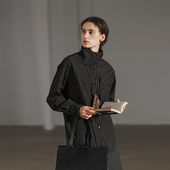 衬衫 NON RESTRAIN复古翻领纯棉长袖 女通勤设计感口袋立领格纹外套