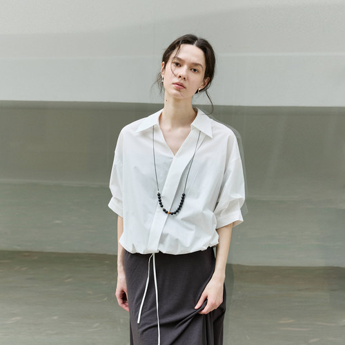 NONRESTRAIN宽松法式中袖白衬衫