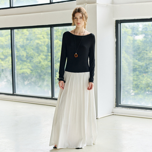 收腰长袖 修身 连衣裙女撞色拼接百褶长裙子 RESTRAIN高级感法式 NON