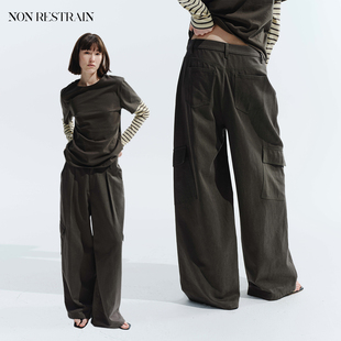 口袋阔腿休闲裤 女复古工装 RESTRAIN莱赛尔天丝慵懒宽松直筒裤 NON