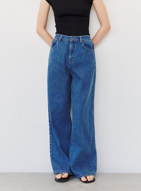 NON RESTRAIN复古蓝色水洗牛仔裤女高腰显瘦直筒裤垂感宽松阔腿裤