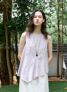 NON RESTRAIN亚麻气质背心衬衫上衣女宽松不规则下摆法式无袖衬衣