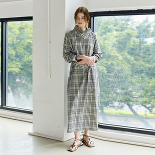 NON 连衣裙女宽松复古格纹腰带气质长裙 RESTRAIN可调节荡领插肩袖