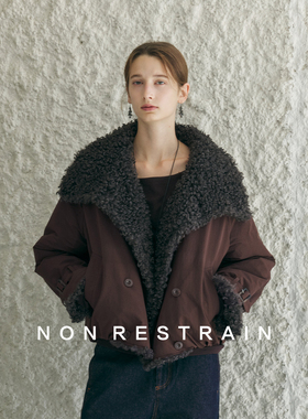 NON RESTRAIN复古翻领羊羔毛派克服外套女时尚双排扣宽松短款棉服