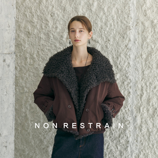 棉服 双排扣宽松短款 NON RESTRAIN复古翻领羊羔毛派克服外套女时尚