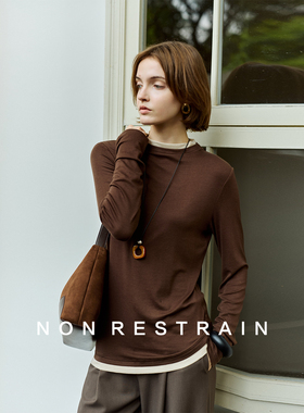 NON RESTRAIN莱赛尔天丝修身立领长袖T恤女撞色假两件针织衫上衣