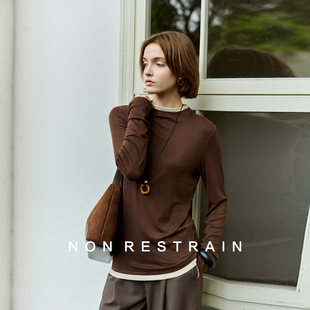 T恤女撞色假两件针织衫 立领长袖 上衣 RESTRAIN莱赛尔天丝修身 NON
