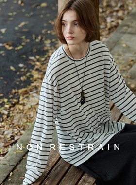 NON RESTRAIN莱赛尔天丝宽松圆领长袖T恤女简约经典条纹打底上衣