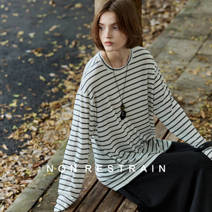 条纹打底上衣 T恤女简约经典 NON RESTRAIN莱赛尔天丝宽松圆领长袖