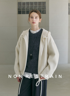NON RESTRAIN设计感抽绳连帽羊毛双面呢外套女松弛感短款羊绒大衣