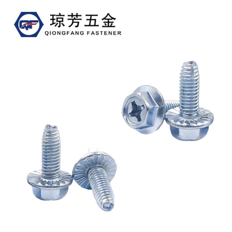 十字六角法兰三角牙三价环保型蓝白锌自锁机柜螺丝带十字M3M4M5M6