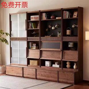 北美黑胡桃木实木组合书柜一体满墙防尘展示柜卡座客厅储物柜书架