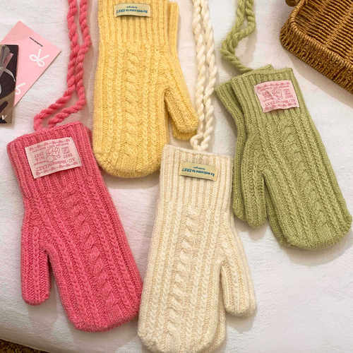 韩国同款麻花针织包指手套女冬季2025新款挂脖毛线连指防寒可触屏