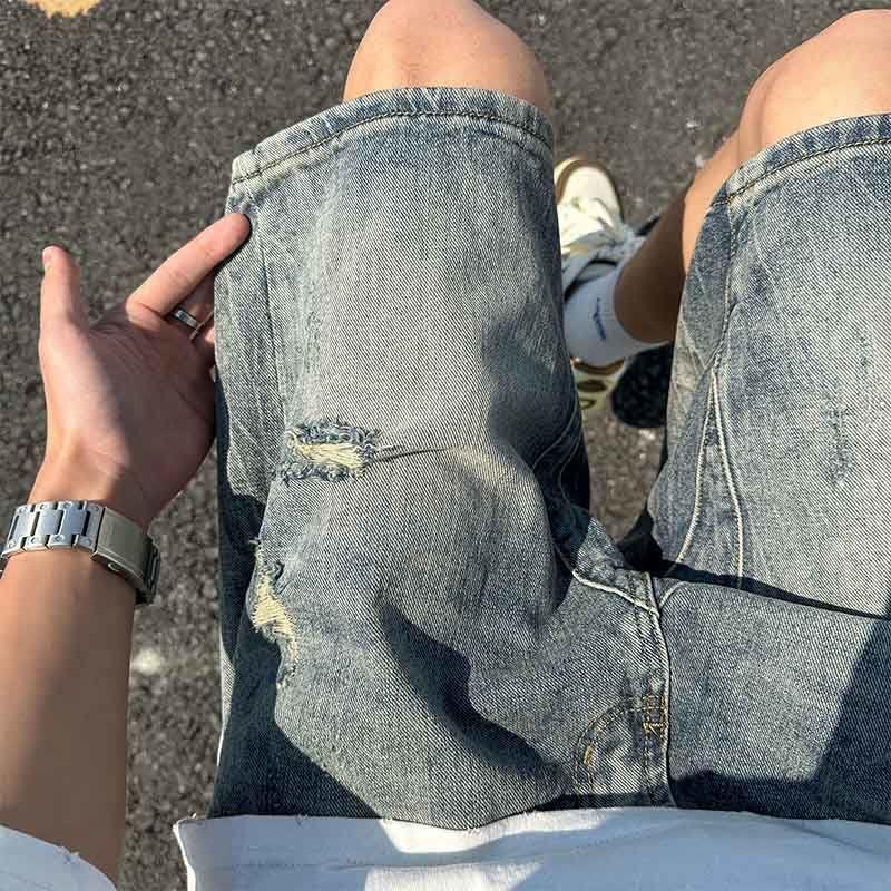 破洞牛仔短裤男夏季宽松百搭潮流直筒美式复古炸街痞帅休闲五分裤