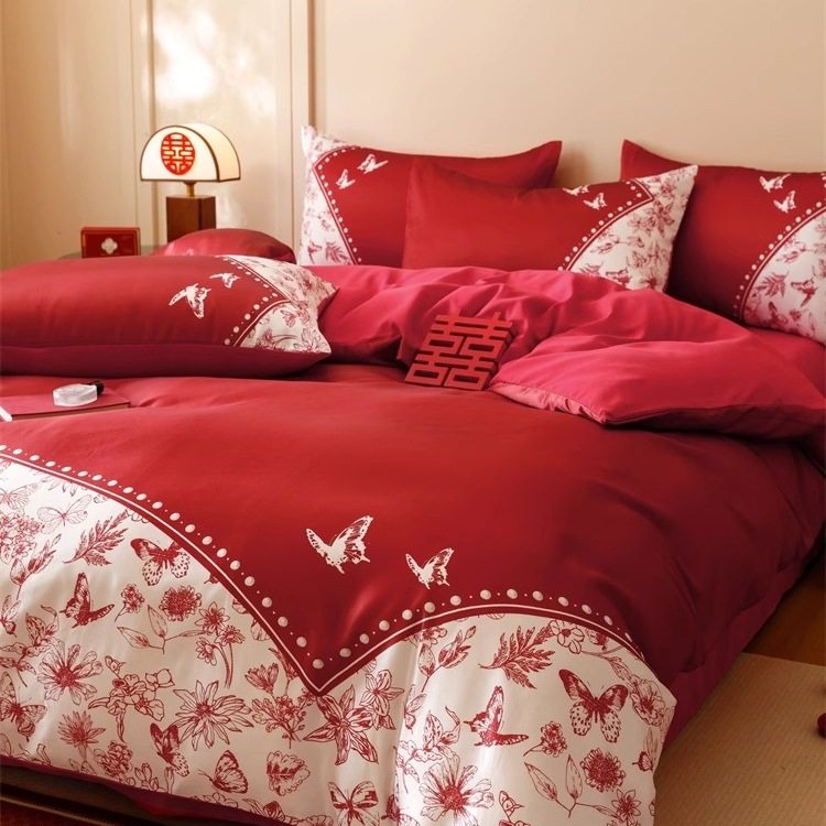 高档中式结婚四件套大红色陪嫁床单被套纯棉婚庆床上用品婚房喜被