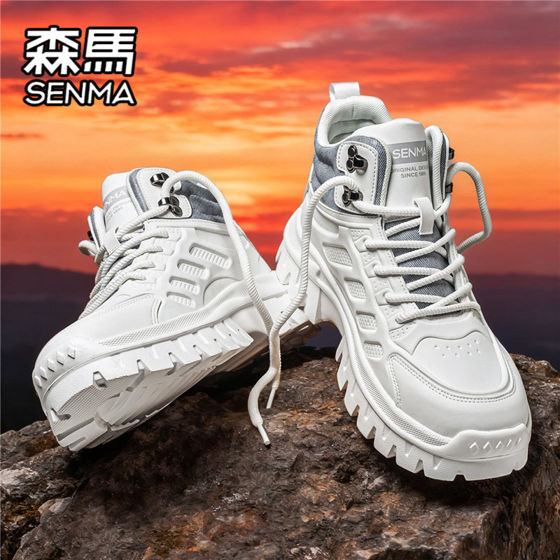 森马马丁靴男款冬季高帮英伦风真皮白色工装靴厚底增高机车皮靴子