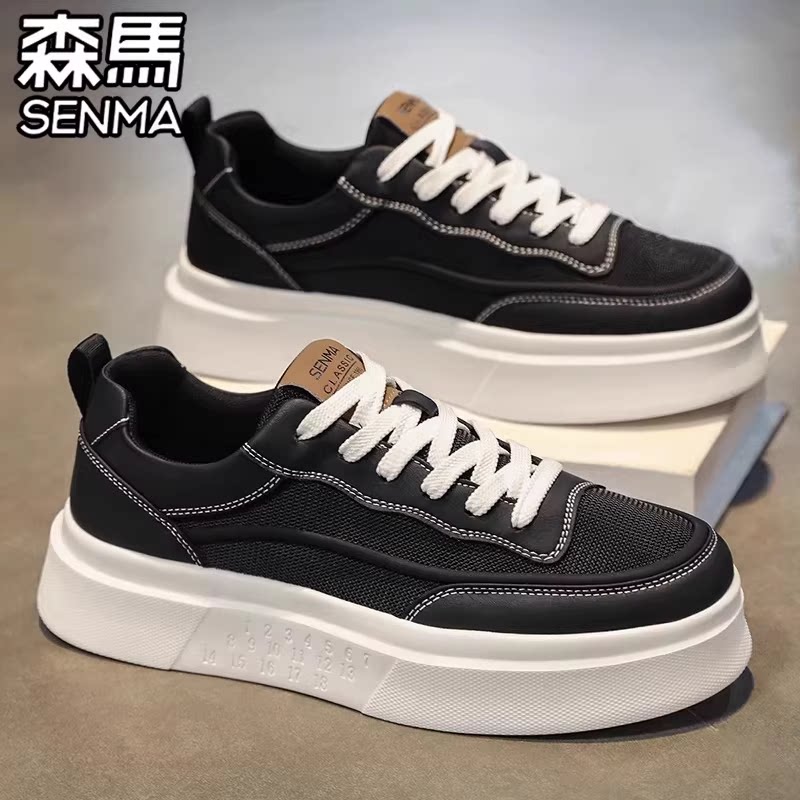 森马男鞋夏季透气百搭黑色低帮休闲板鞋男士运动厚底增高帆布潮鞋
