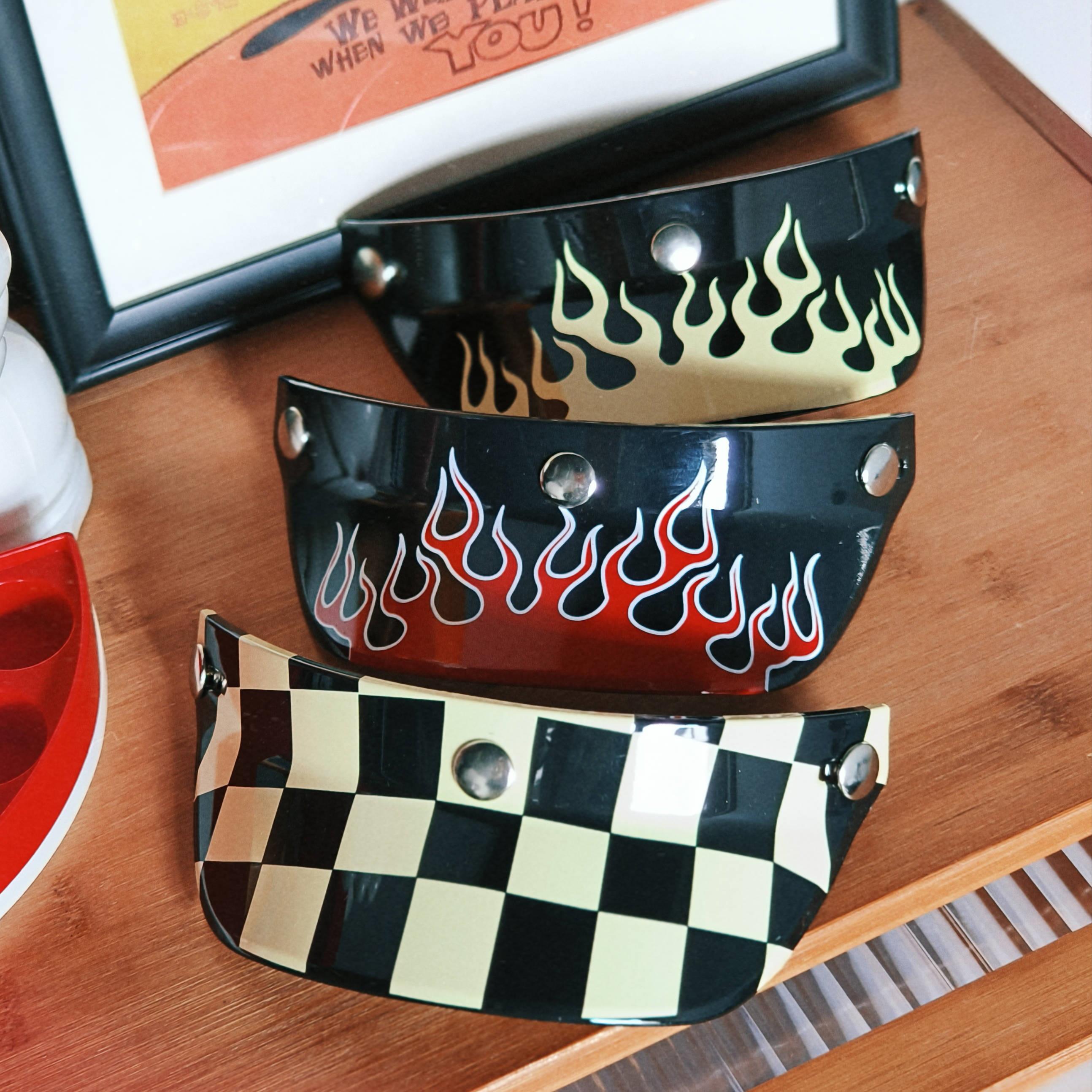 帽檐 头盔 三点扣 复古盔 帽沿 帽舌 遮阳 可调节 火焰格子