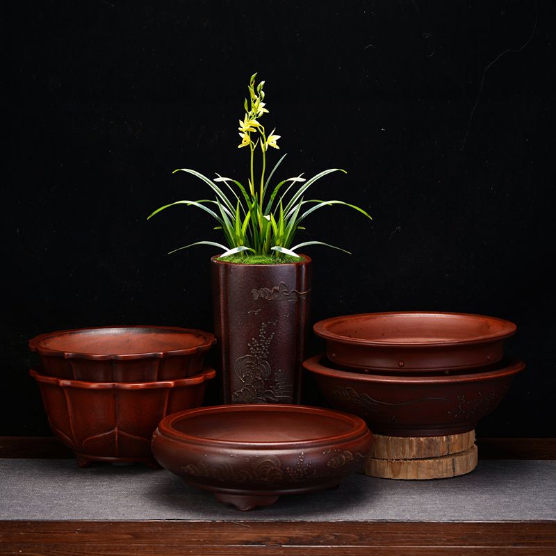紫砂兰花盆精品圆形大口径古典盆景盆桌面花卉老桩多肉文竹子