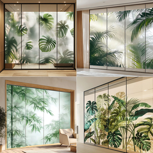 定制绿植玻璃贴多幅可拼接办公居家装饰养眼透光不透人磨砂窗贴