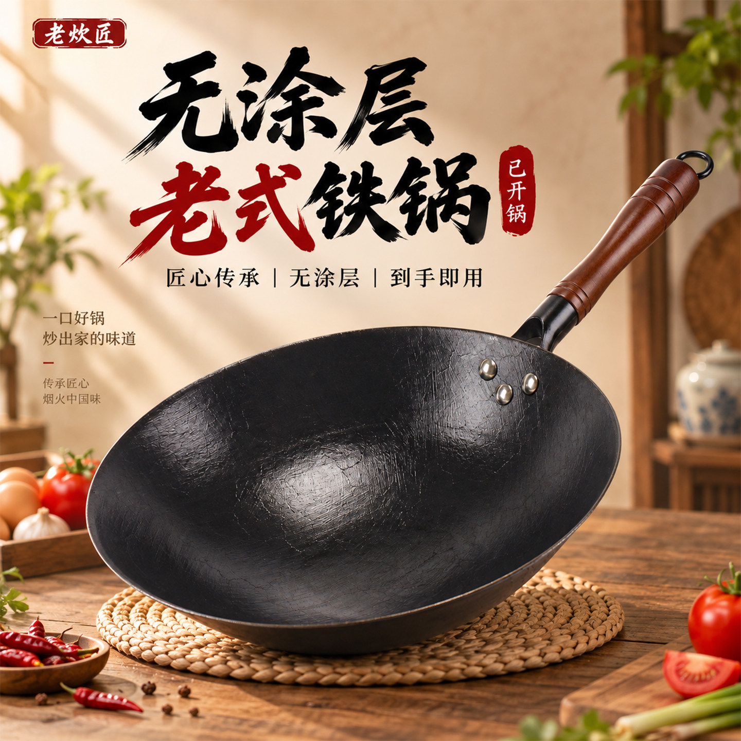 陆川铁锅传统老式无涂层龟纹铸铁锅生铁家用不粘锅圆底平底炒菜锅