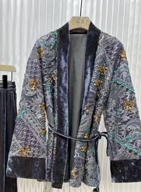 海燕家秋冬新款 贵气重工钉珠银灰显瘦收腰100桑蚕丝丝绒外披W778