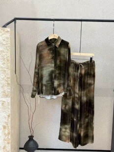 海燕家新款 显瘦正肩晕染丝绒衬衫阔腿裤套装C506