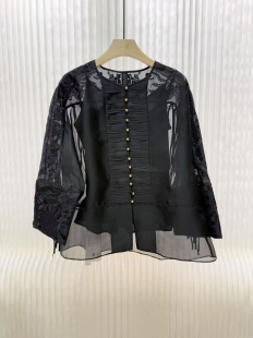 海燕家新款 新中式铜扣重工刺绣流苏桑蚕丝欧根纱上衣S555对