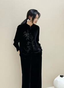 海燕家秋冬新款 新中式圆领重工刺绣钉珠100桑蚕丝丝绒衬衫C292