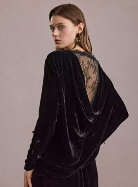 海燕家新款 设计师款性感蕾丝露背袖口钉珠100桑蚕丝丝绒上衣S820