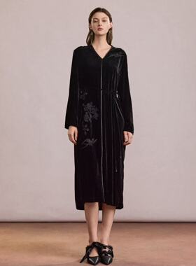 海燕家新款 修身显瘦V领花鸟刺绣钉珠100桑蚕丝丝绒连衣裙L008