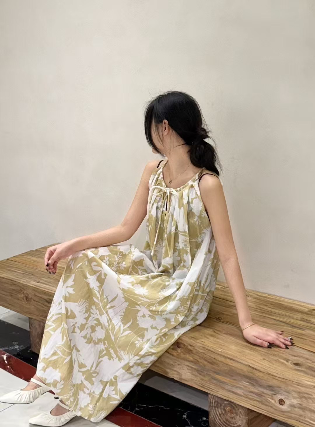 海燕家夏季新款设计师款吊带印花亚麻连衣裙L1018