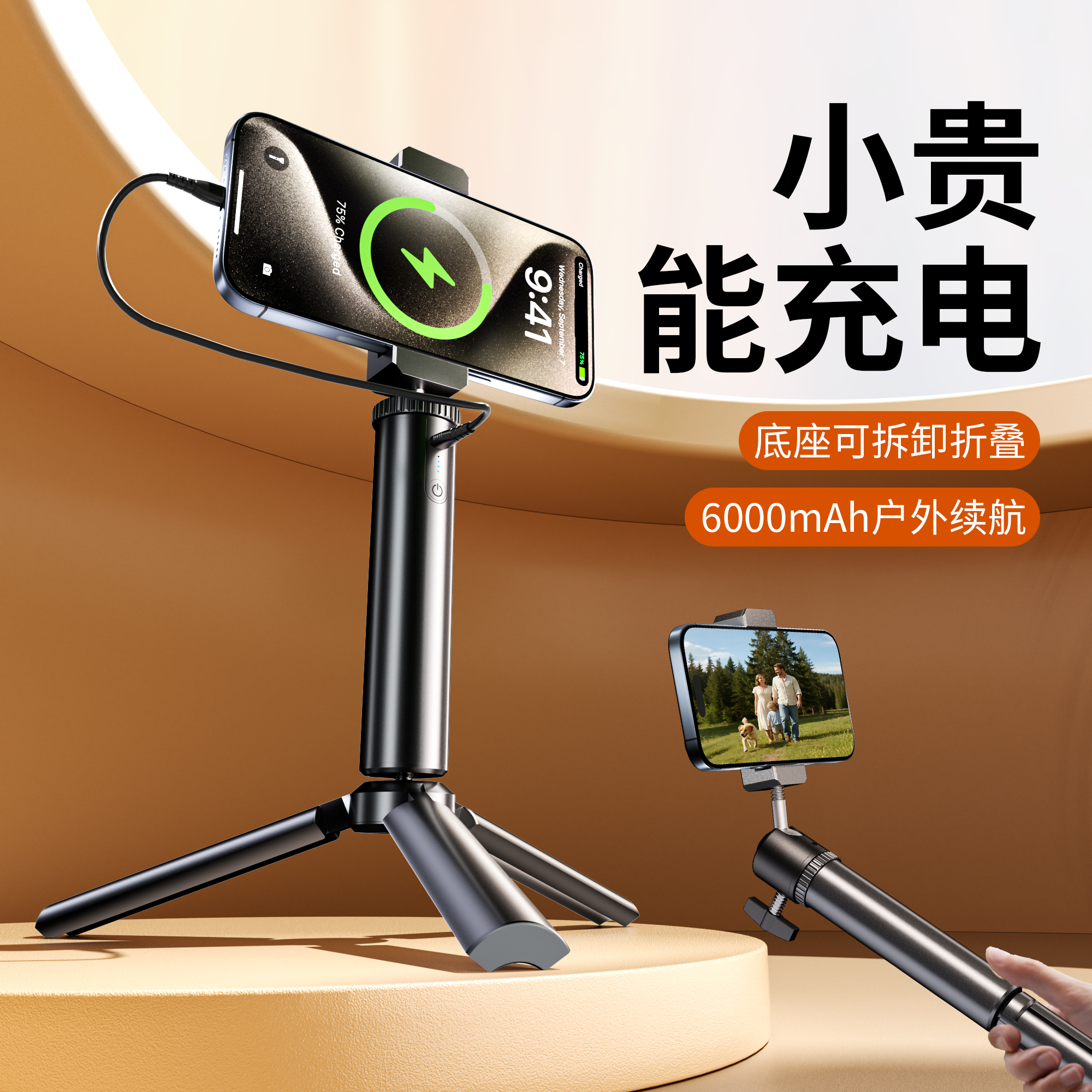 带充电宝的手持自拍杆三脚架