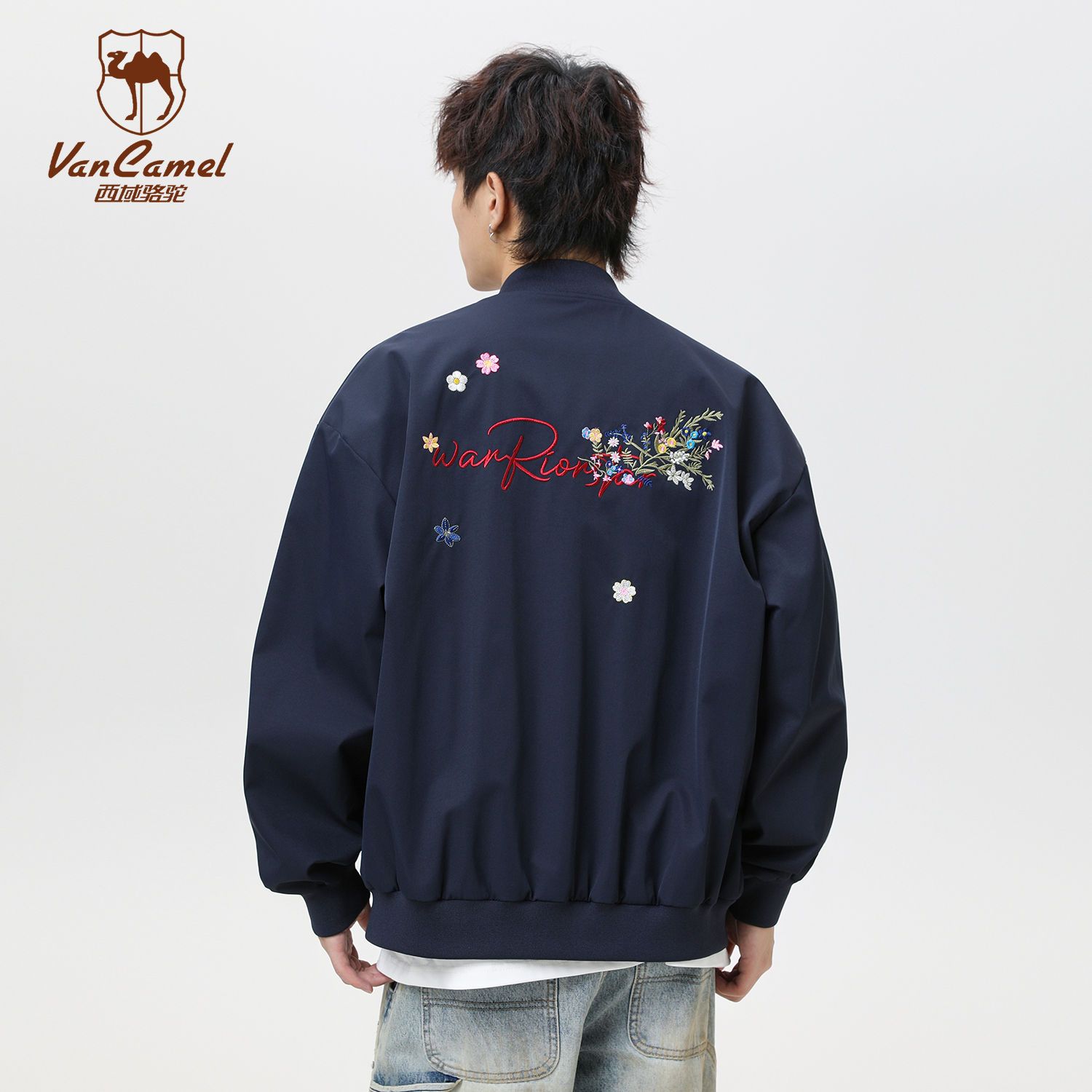 VANCAMEL西域骆驼国风花卉刺绣棒球服外套男秋季宽松休闲情侣夹克